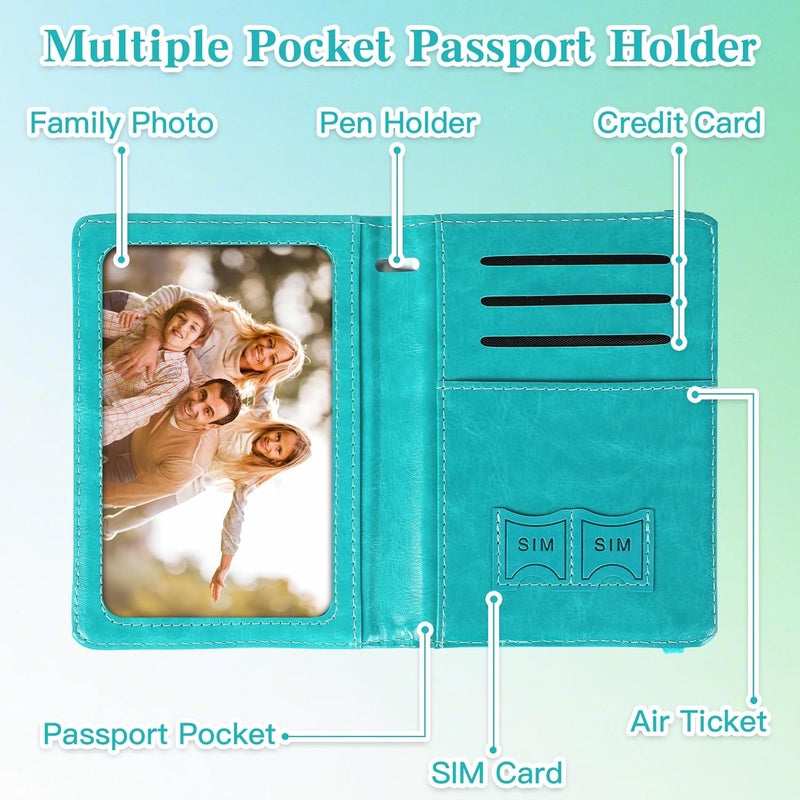 RHOttbiy Passport Holder for Travel, RFID Blocking Passport Cover with Pen Holder Leather Passport Wallet Case Travel Must Haves Accessories Passport Book Card Holder for Family Travel Essentials, Turquoise - Image 5